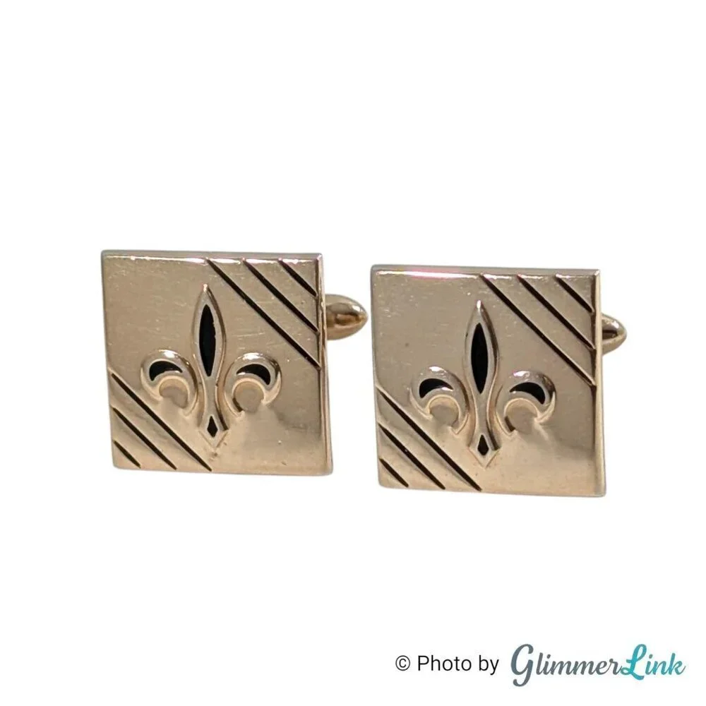 Vintage Swank Square Fleur de Lis Diagonal Stripes Gold Tone Cufflinks
